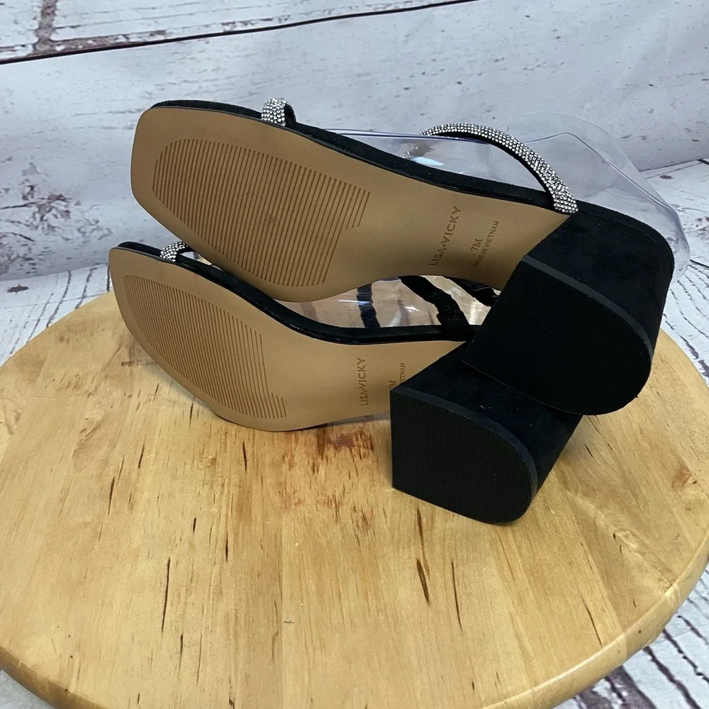 Lisa Vicky Shoes Womens Size 7M Black Hotfix Mood‎ Rhinestone Open Toe